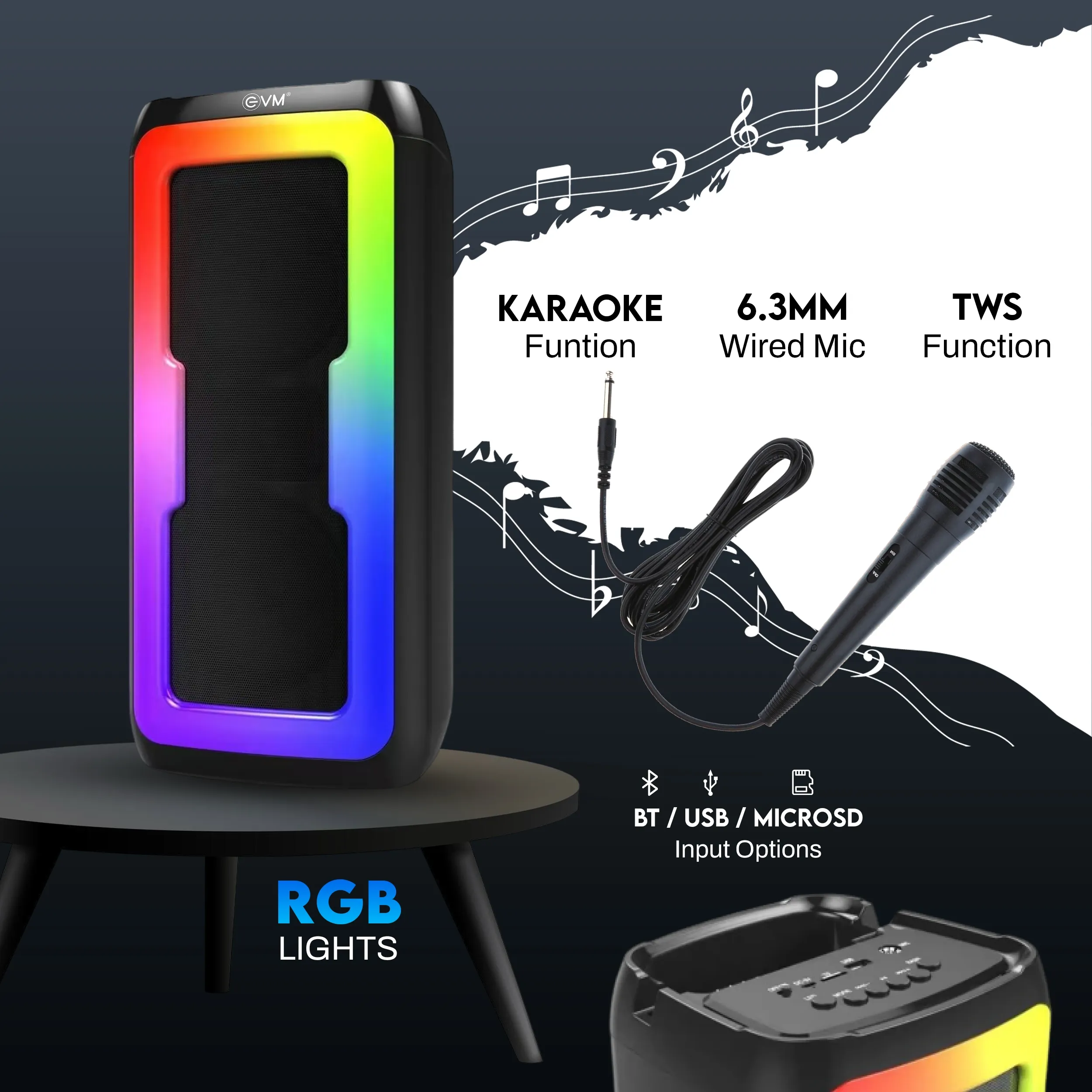 EVM Bluetooth Speaker with Karaoke Mic EnLit RGB 40w view 4